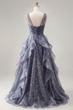 Elegant Dusty Blue A Line V-Neck Long Prom Dress with Ruffles