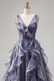 Elegant Dusty Blue A Line V-Neck Long Prom Dress with Ruffles
