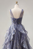 Elegant Dusty Blue A Line V-Neck Long Prom Dress with Ruffles