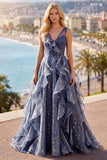 Elegant Dusty Blue A Line V-Neck Long Prom Dress with Ruffles