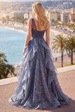 Elegant Dusty Blue A Line V-Neck Long Prom Dress with Ruffles