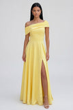 Yellow A-Line One Shoulder Maxi Dress with Slit