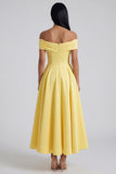 Off the Shoulder Yellow A-Line Ruched Maxi Dress with Pockets