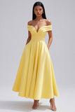 Off the Shoulder Yellow A-Line Ruched Maxi Dress with Pockets