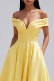 Off the Shoulder Yellow A-Line Ruched Maxi Dress with Pockets