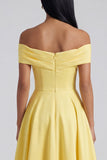 Off the Shoulder Yellow A-Line Ruched Maxi Dress with Pockets