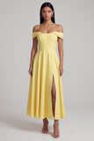 A-Line Off the Shoulder Yellow Corset Maxi Dress with Slit