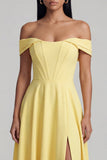 A-Line Off the Shoulder Yellow Corset Maxi Dress with Slit