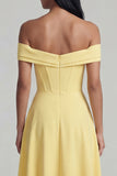 A-Line Off the Shoulder Yellow Corset Maxi Dress with Slit
