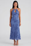 Sage Halter Cut Out Mermaid Midi Floral Dress with Embroidery