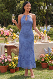 Sage Halter Cut Out Mermaid Midi Floral Dress with Embroidery