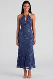 Sage Halter Cut Out Mermaid Midi Floral Dress with Embroidery