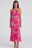 Sage Halter Cut Out Mermaid Midi Floral Dress with Embroidery