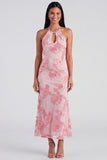 Sage Halter Cut Out Mermaid Midi Floral Dress with Embroidery