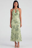 Sage Halter Cut Out Mermaid Midi Floral Dress with Embroidery