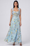 Blue Sheer Corset A Line Bowed Straps Maxi Floral Dress with Slit