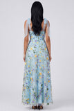 Blue Sheer Corset A Line Bowed Straps Maxi Floral Dress with Slit