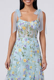 Blue Sheer Corset A Line Bowed Straps Maxi Floral Dress with Slit
