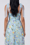 Blue Sheer Corset A Line Bowed Straps Maxi Floral Dress with Slit