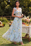 Blue Sheer Corset A Line Bowed Straps Maxi Floral Dress with Slit