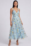 Blue Embroidered V Neck A Line Maxi Floral Dress