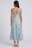 Blue Embroidered V Neck A Line Maxi Floral Dress