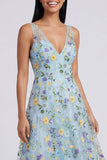 Blue Embroidered V Neck A Line Maxi Floral Dress