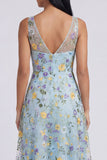 Blue Embroidered V Neck A Line Maxi Floral Dress