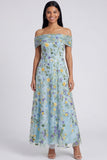 Off The Shoulder Blue A Line Maxi Floral Dress with Embroidery