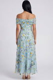 Off The Shoulder Blue A Line Maxi Floral Dress with Embroidery