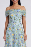 Off The Shoulder Blue A Line Maxi Floral Dress with Embroidery
