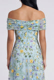 Off The Shoulder Blue A Line Maxi Floral Dress with Embroidery