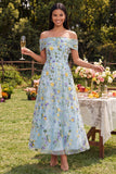 Off The Shoulder Blue A Line Maxi Floral Dress with Embroidery