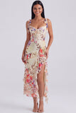Ivory Corset Sheath Printed Midi Floral Dress with Slit