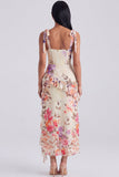 Ivory Corset Sheath Printed Midi Floral Dress with Slit