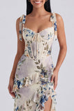 Ivory Corset Sheath Printed Midi Floral Dress with Slit