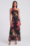 One Shoulder Ivory A Line Printed Maxi Floral Dress
