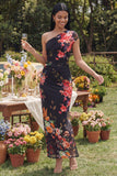 One Shoulder Ivory A Line Printed Maxi Floral Dress