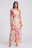 One Shoulder Ivory A Line Printed Maxi Floral Dress