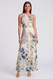 One Shoulder Ivory A Line Printed Maxi Floral Dress