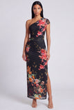 Ivory One Shoulder Sheath Maxi Floral Dress with Slit