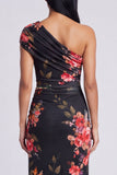Ivory One Shoulder Sheath Maxi Floral Dress with Slit