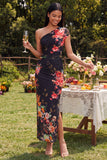 Ivory One Shoulder Sheath Maxi Floral Dress with Slit