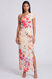 Ivory One Shoulder Sheath Maxi Floral Dress with Slit