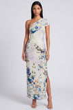 Ivory One Shoulder Sheath Maxi Floral Dress with Slit