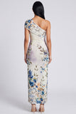 Ivory One Shoulder Sheath Maxi Floral Dress with Slit