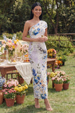 Ivory One Shoulder Sheath Maxi Floral Dress with Slit