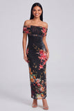 Ivory Sheath Off the Shoulder Maxi Printed Floral Dress