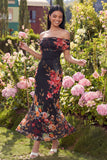Ivory Sheath Off the Shoulder Maxi Printed Floral Dress