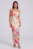 Ivory Sheath Off the Shoulder Maxi Printed Floral Dress